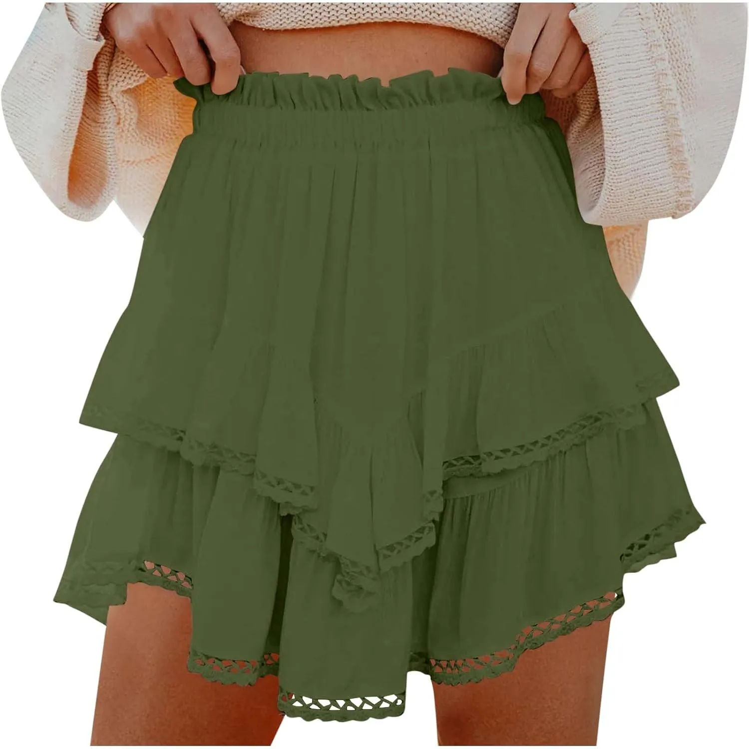 Flowy Boho Shorts for Women Casual Ruffle Tiered Skort Short High Waist Mini Skirts Golf Tennis Lace Crochet Short