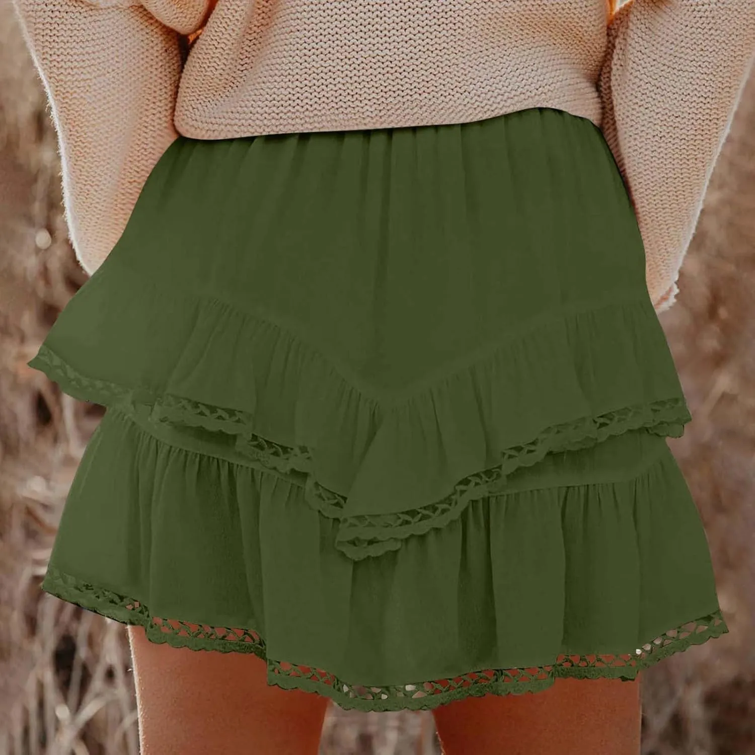 Flowy Boho Shorts for Women Casual Ruffle Tiered Skort Short High Waist Mini Skirts Golf Tennis Lace Crochet Short