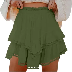 Flowy Boho Shorts for Women Casual Ruffle Tiered Skort Short High Waist Mini Skirts Golf Tennis Lace Crochet Short