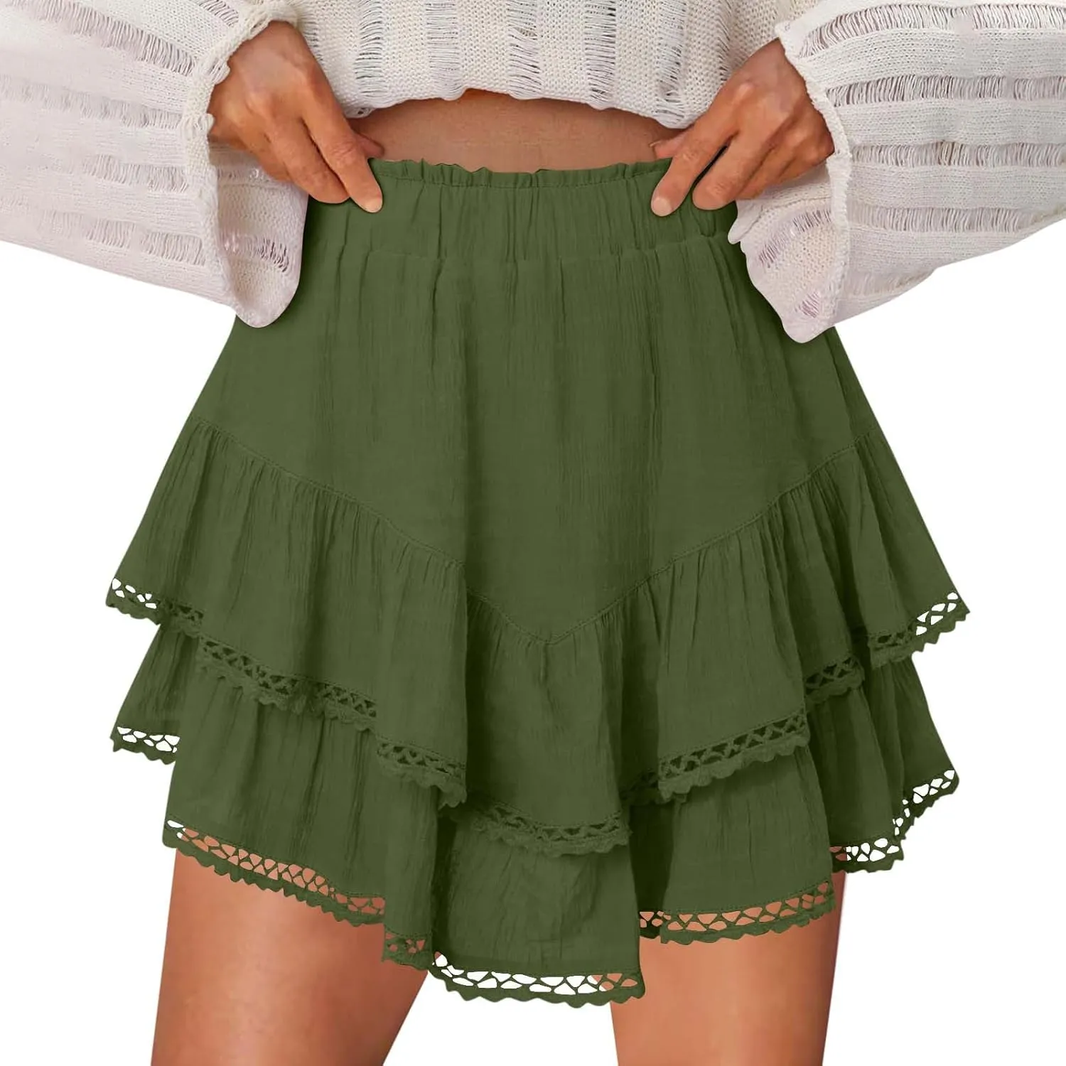 Flowy Shorts for Women Casual 2025 Boho Ruffle Tiered Skorts Elastic High Waisted Cute Mini Skirts Golf Tennis Shorts