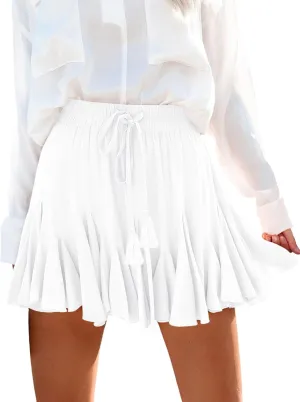 Flowy Shorts for Women Casual Boho Ruffle Mini Skorts High Waist Pleated Skirts Athletic Tennis Butterfly Shorts-White XS