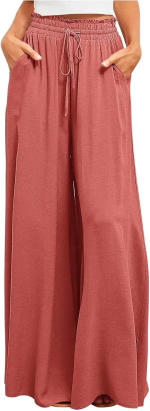 Flowy Wide Leg Pants for Women Ladies Elastic High Waist Palazzo Pants Solid Casual Beach Trousers Pocket Long Pant