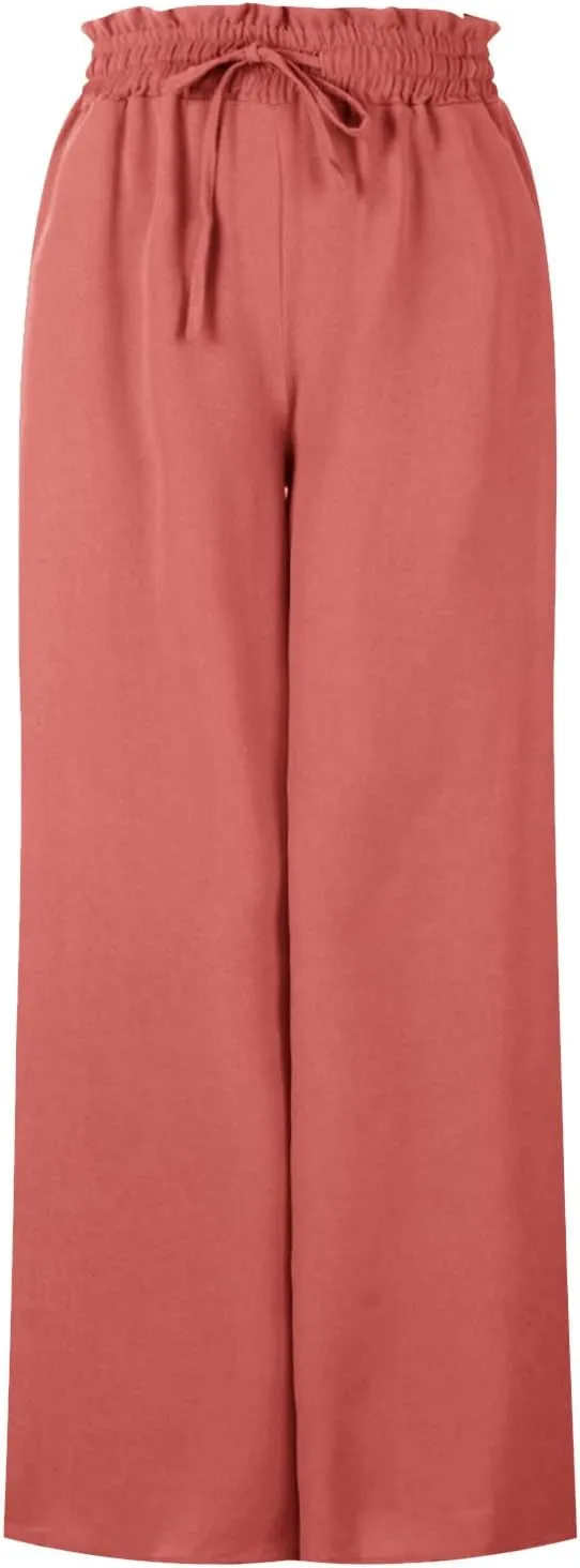 Flowy Wide Leg Pants for Women Ladies Elastic High Waist Palazzo Pants Solid Casual Beach Trousers Pocket Long Pant