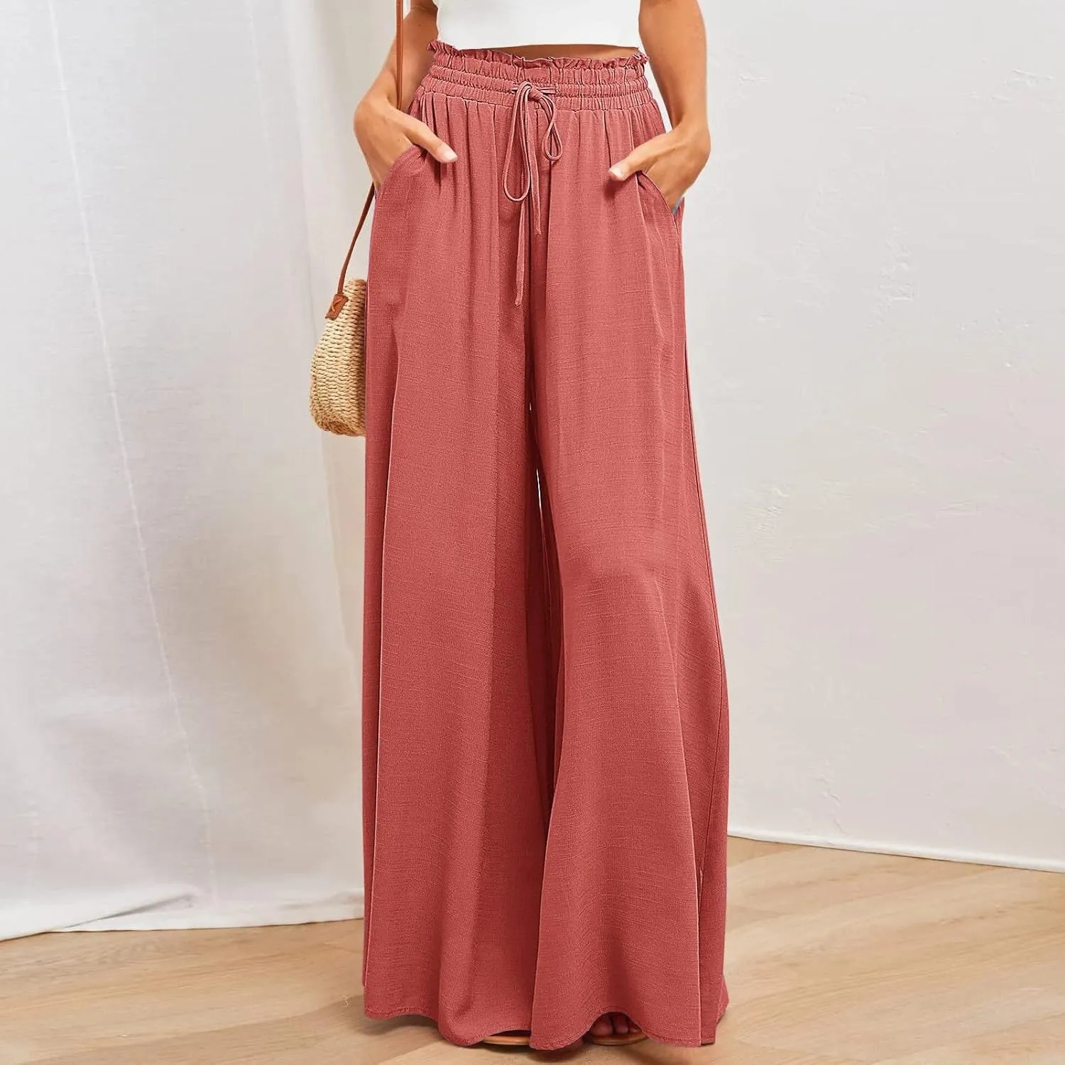 Flowy Wide Leg Pants for Women Ladies Elastic High Waist Palazzo Pants Solid Casual Beach Trousers Pocket Long Pant