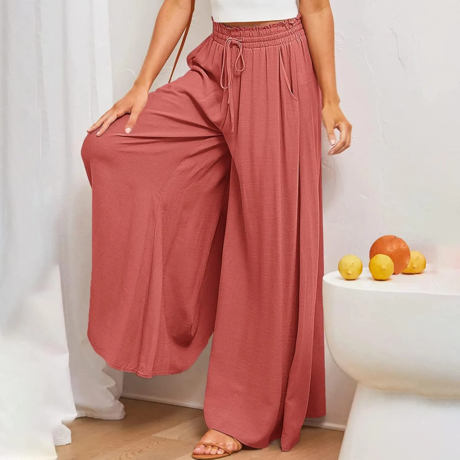 Flowy Wide Leg Pants for Women Ladies Elastic High Waist Palazzo Pants Solid Casual Beach Trousers Pocket Long Pant