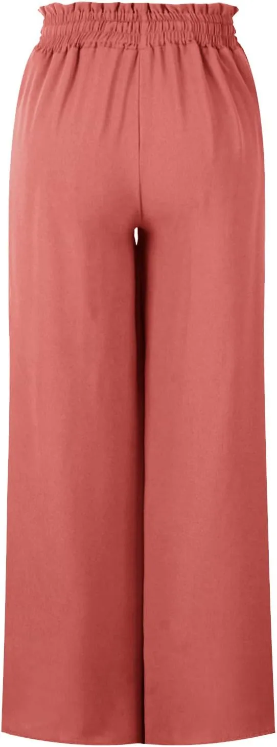 Flowy Wide Leg Pants for Women Ladies Elastic High Waist Palazzo Pants Solid Casual Beach Trousers Pocket Long Pant