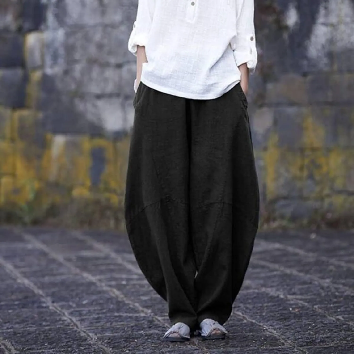 Flowy Womens Linen Pants Drawstring High Waist Pants Casual Wide Leg Slacks Summer Trendy Long Trouser with Pockets