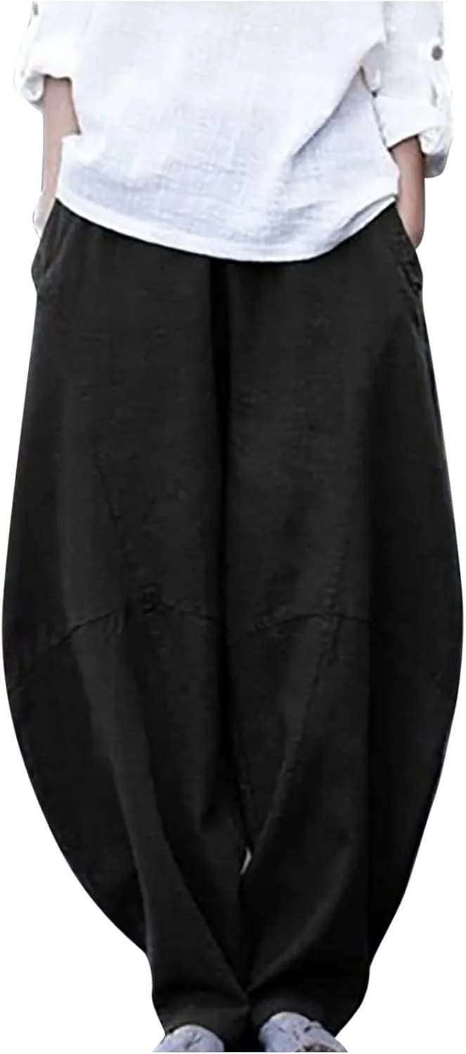 Flowy Womens Linen Pants Drawstring High Waist Pants Casual Wide Leg Slacks Summer Trendy Long Trouser with Pockets