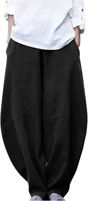 Flowy Womens Linen Pants Drawstring High Waist Pants Casual Wide Leg Slacks Summer Trendy Long Trouser with Pockets
