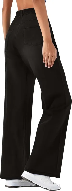 FQZWONG Jeans for Women Trendy Plus Size High Waisted Straight Pants Slim Fit Solid Tummy Control Denim Sweatpants