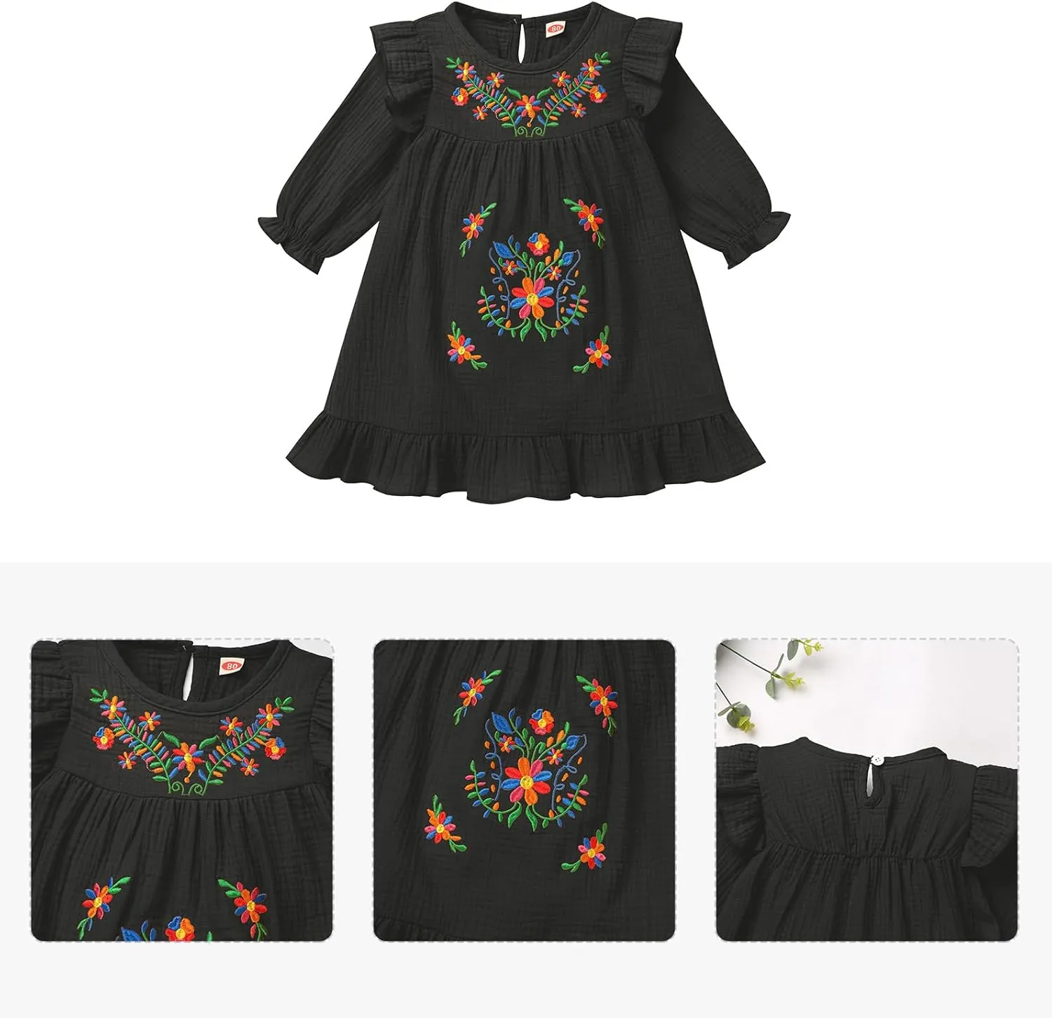 FYMNSI Baby Little Girl Mexican Ethnic Embroidery Floral Dress Casual Dresses Kids Long Sleeve Ruffle Beach Holiday Sundress