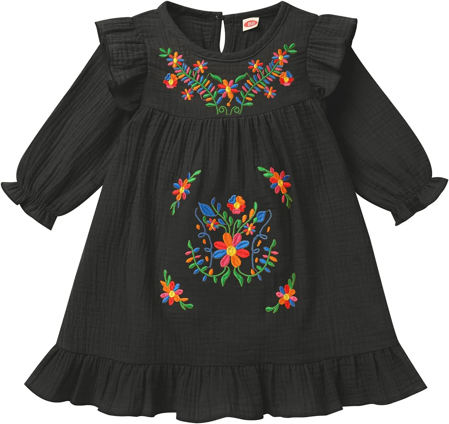 FYMNSI Baby Little Girl Mexican Ethnic Embroidery Floral Dress Casual Dresses Kids Long Sleeve Ruffle Beach Holiday Sundress