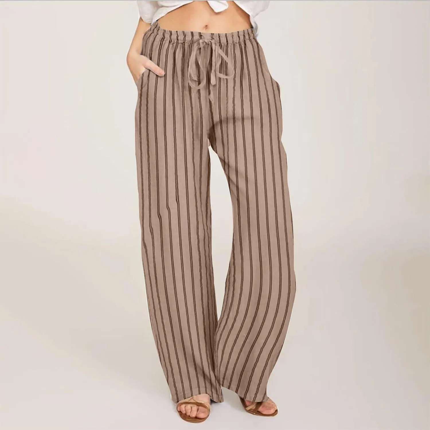 FZYLQY Women's Summer Drawstring Waist Wide Leg Loose Cotton Linen Palazzo Pants 2025 Boho Beach Travel Vacation Outfits