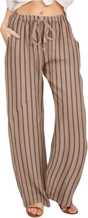 FZYLQY Women's Summer Drawstring Waist Wide Leg Loose Cotton Linen Palazzo Pants 2025 Boho Beach Travel Vacation Outfits