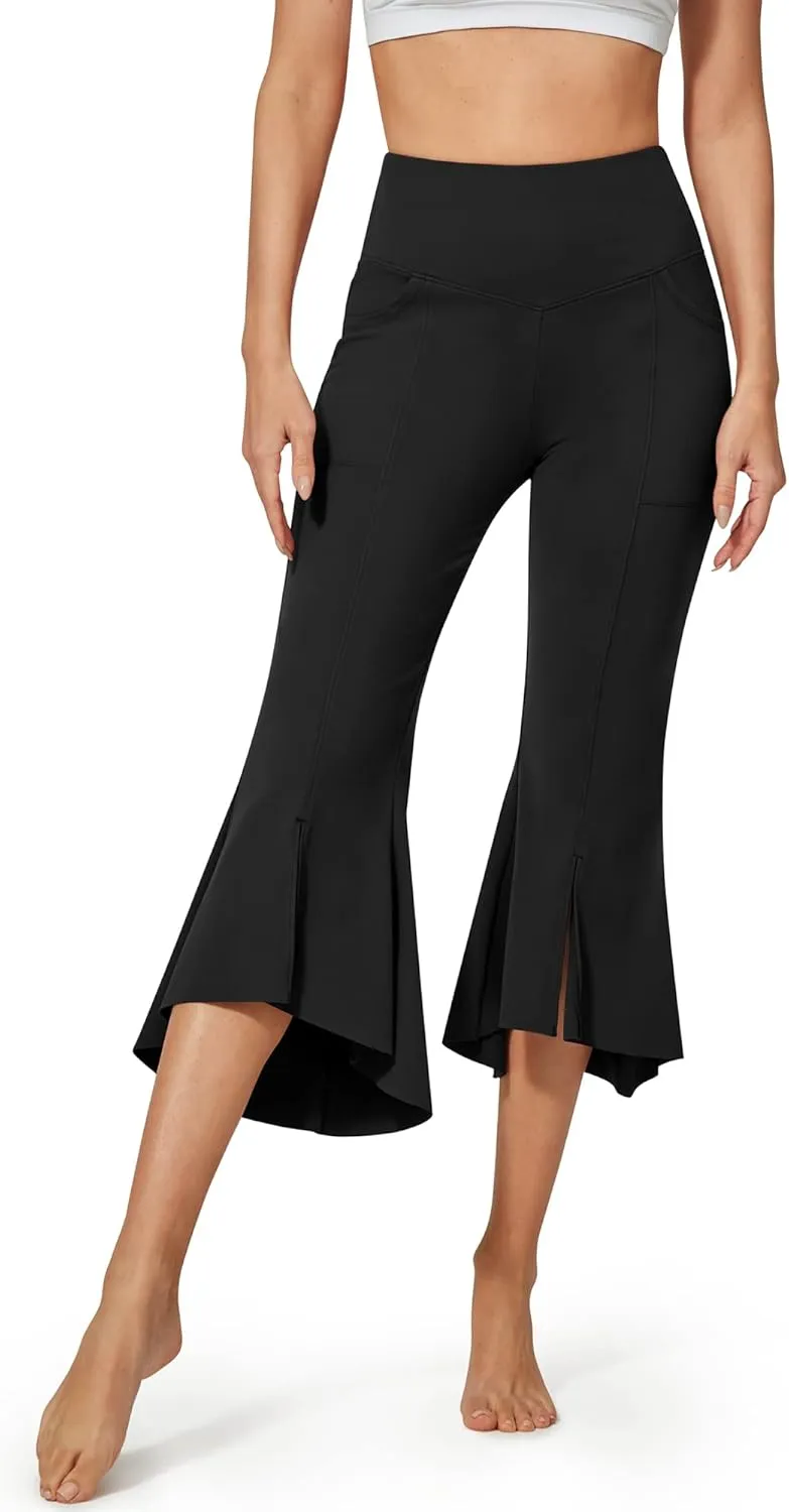 G4Free Stretch Capri Dress Yoga Pants for Women with Pockets Ruffle Bell Bottom Leggings