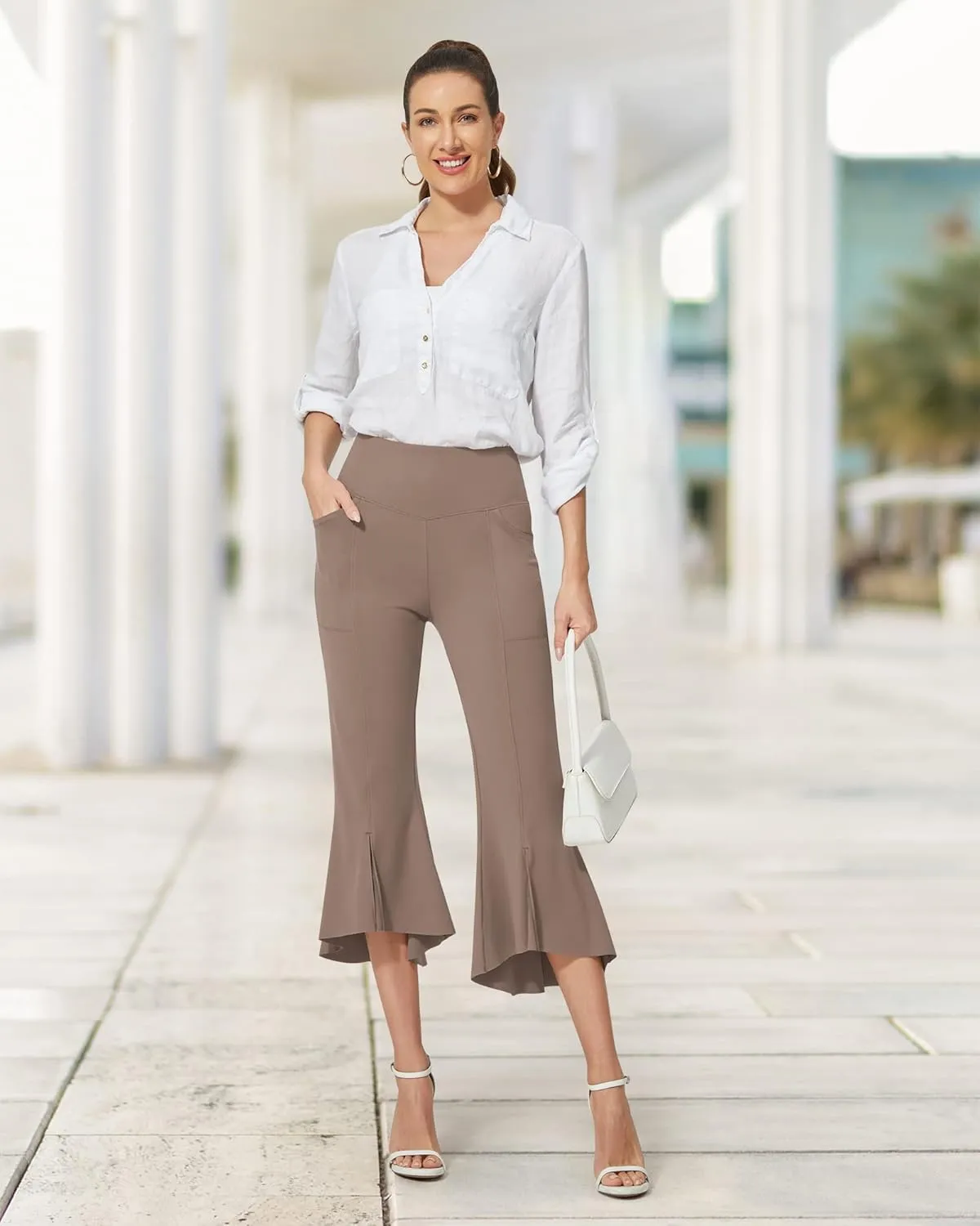G4Free Stretch Capri Dress Yoga Pants for Women with Pockets Ruffle Bell Bottom Leggings