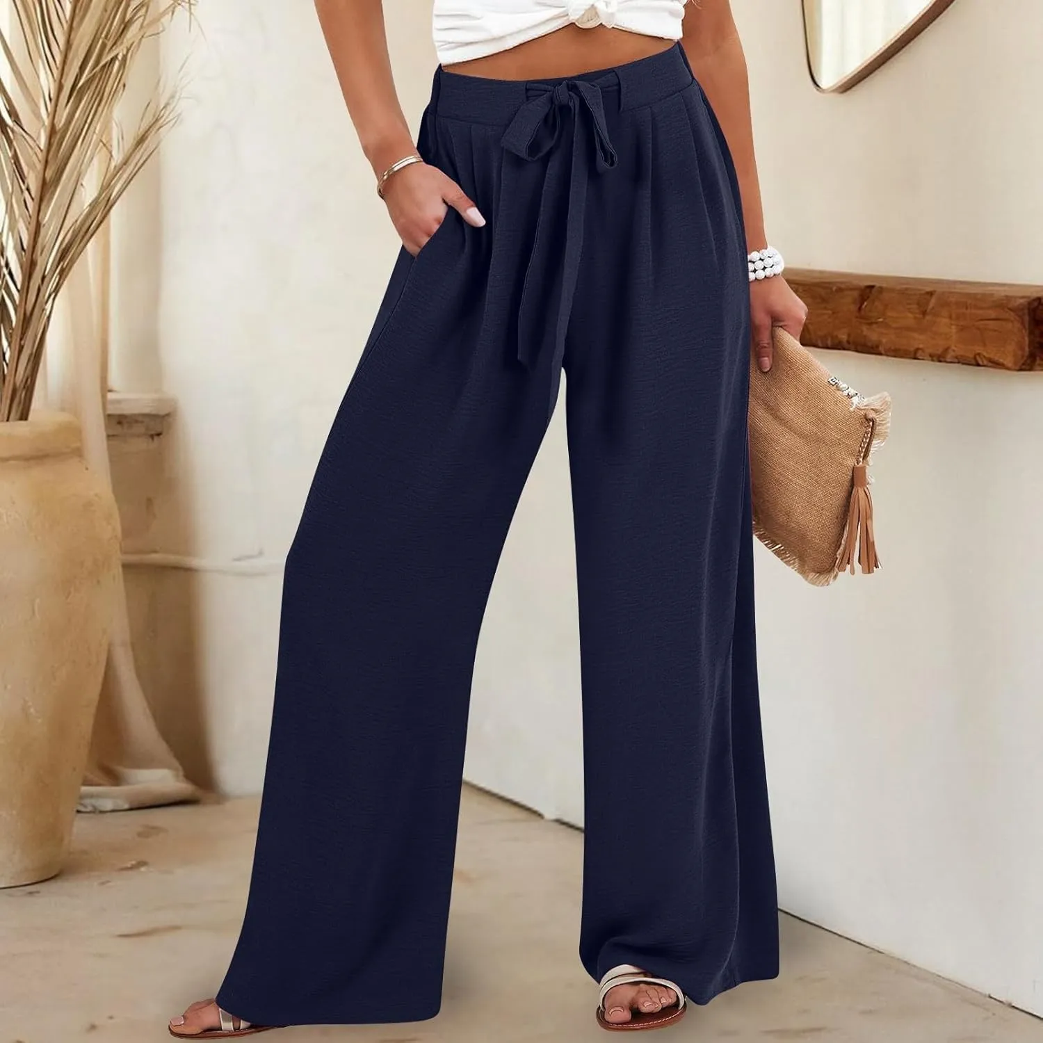 GIERIDUC Linen Palazzo Pants for Women Casual Loose Beach Wide Leg Flowy Trousers Plus Size High Waisted Tie Knot Lounge Pant