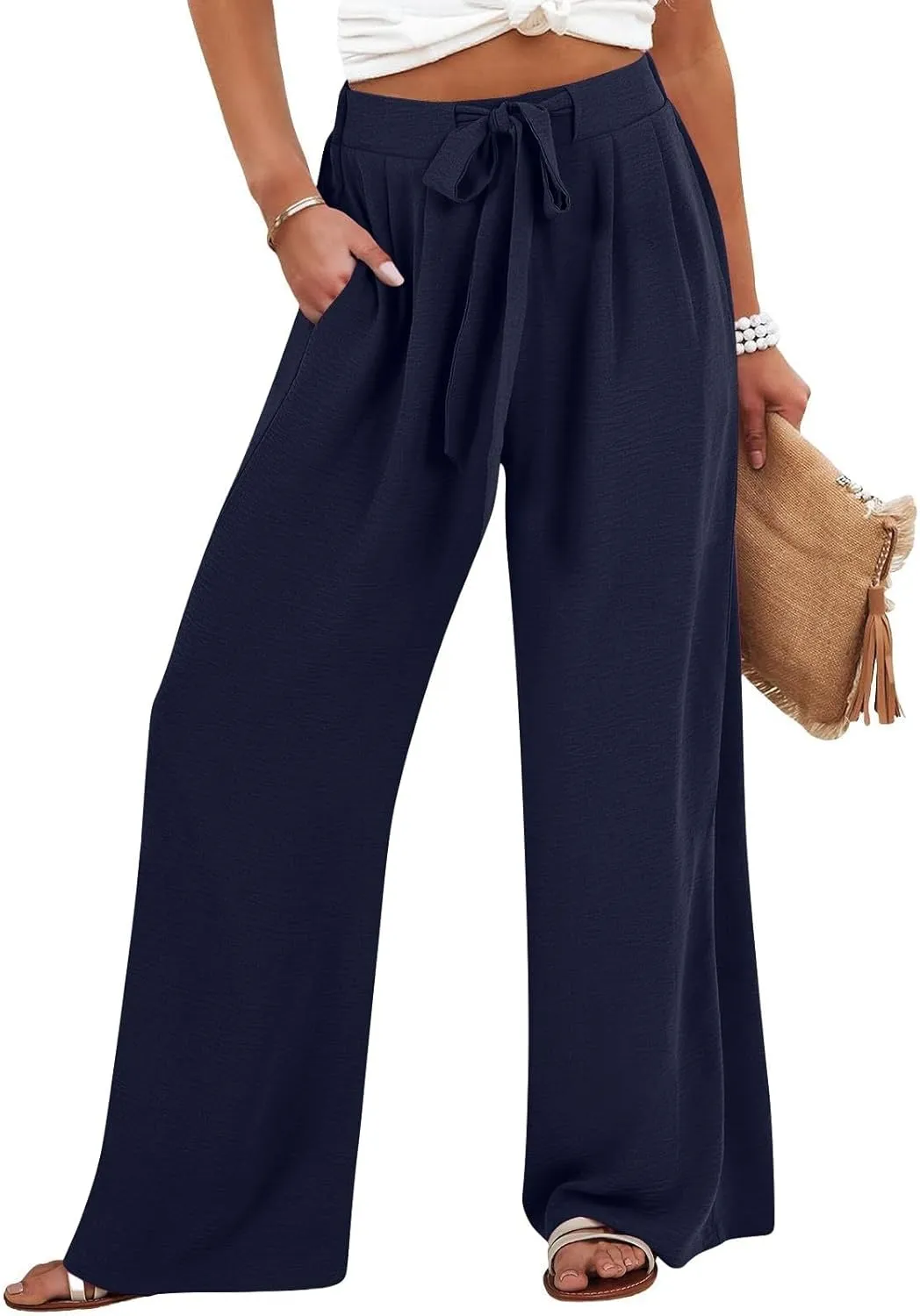 GIERIDUC Linen Palazzo Pants for Women Casual Loose Beach Wide Leg Flowy Trousers Plus Size High Waisted Tie Knot Lounge Pant