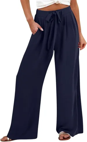 GIERIDUC Linen Palazzo Pants for Women Casual Loose Beach Wide Leg Flowy Trousers Plus Size High Waisted Tie Knot Lounge Pant