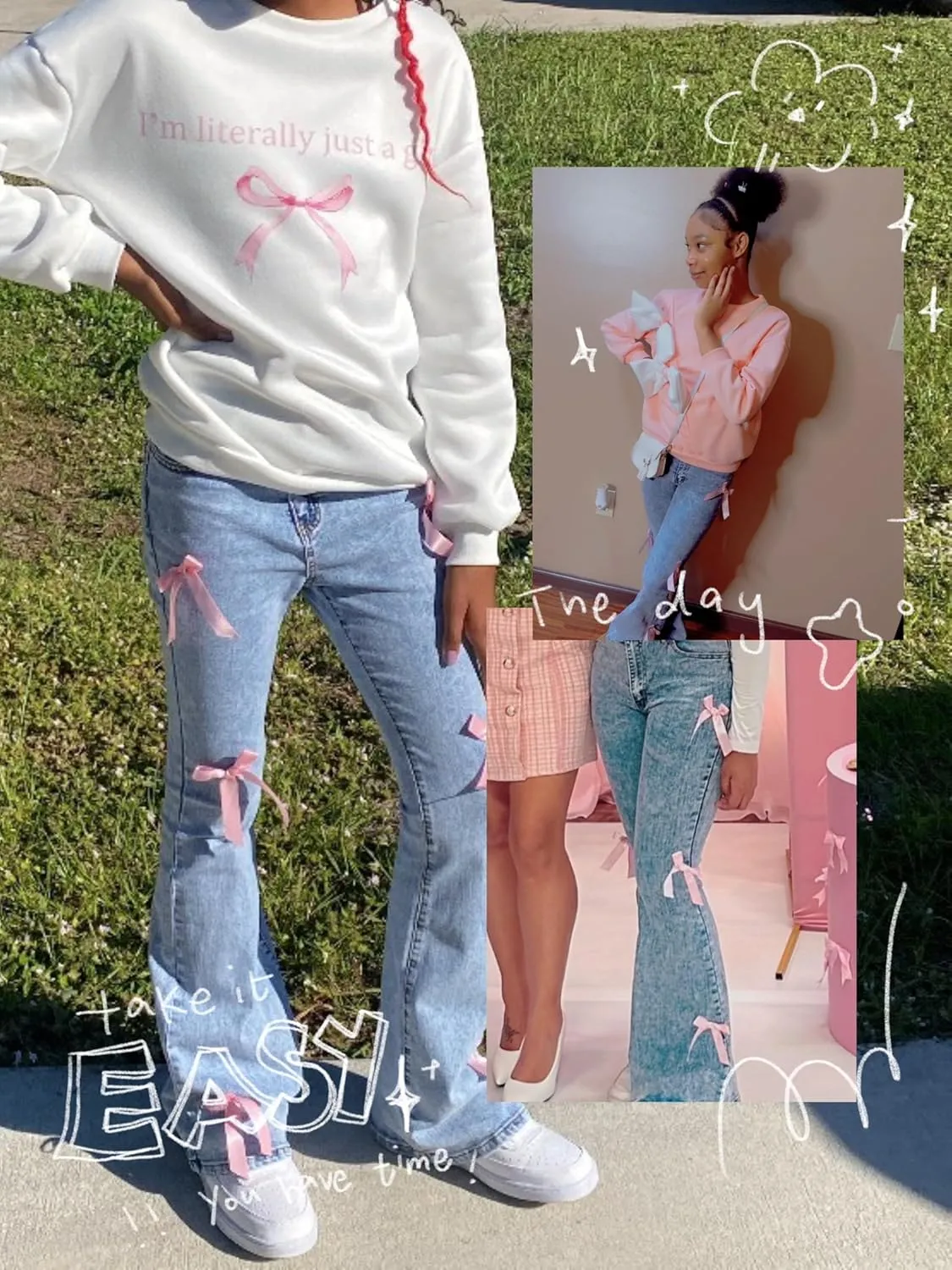Girls Jeans Flare/Bell Bottom Bow Jeans for Teen Girls High Waist Cute Y2K Stretch Denim Pants 13-16Y