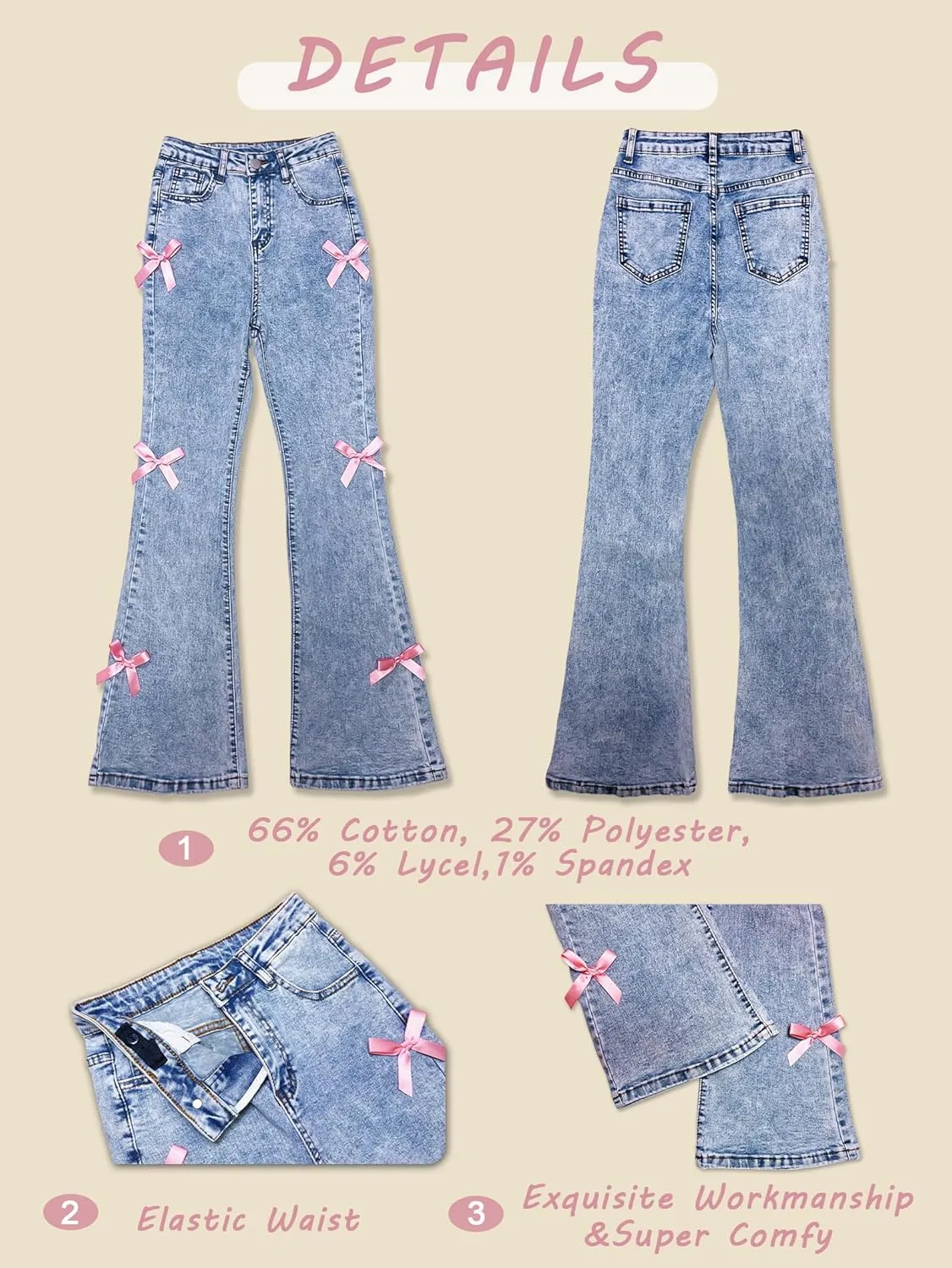 Girls Jeans Flare/Bell Bottom Bow Jeans for Teen Girls High Waist Cute Y2K Stretch Denim Pants 13-16Y