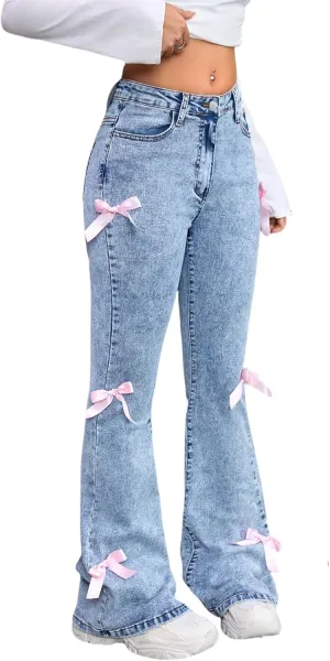 Girls Jeans Flare/Bell Bottom Bow Jeans for Teen Girls High Waist Cute Y2K Stretch Denim Pants 13-16Y