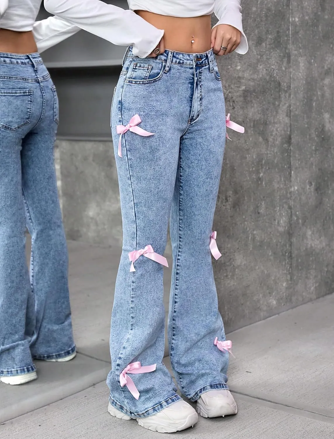 Girls Jeans Flare/Bell Bottom Bow Jeans for Teen Girls High Waist Cute Y2K Stretch Denim Pants 13-16Y