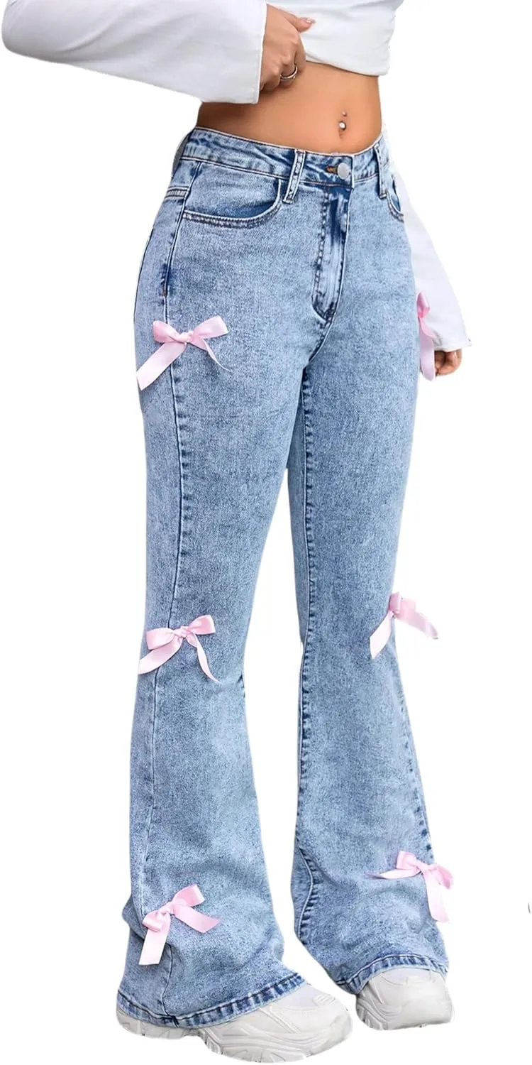Girls Jeans Flare/Bell Bottom Bow Jeans for Teen Girls High Waist Cute Y2K Stretch Denim Pants 13-16Y