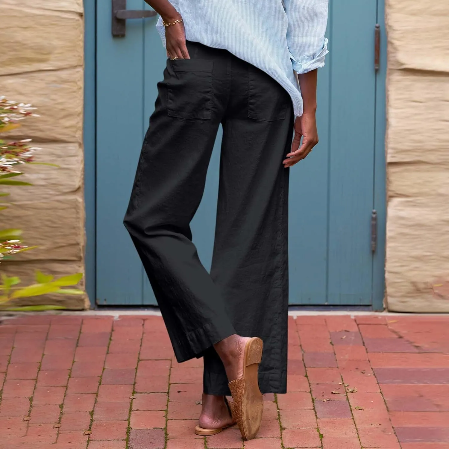 GOFULY Linen Pants for Women Casual Wide Straight Leg High Rise Casual Palazzo Pants 2025 Summer Solid Trousers with Pockets