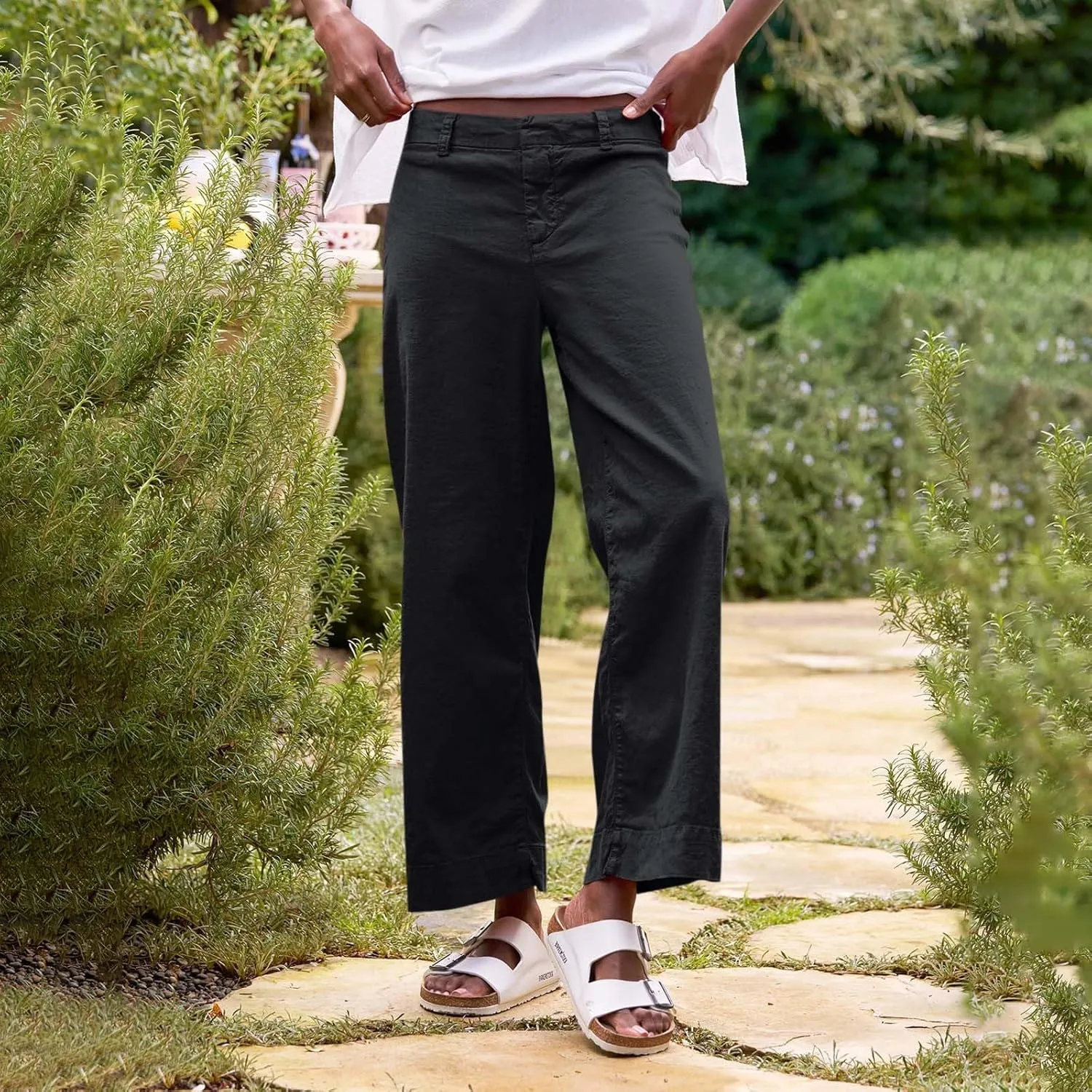 GOFULY Linen Pants for Women Casual Wide Straight Leg High Rise Casual Palazzo Pants 2025 Summer Solid Trousers with Pockets