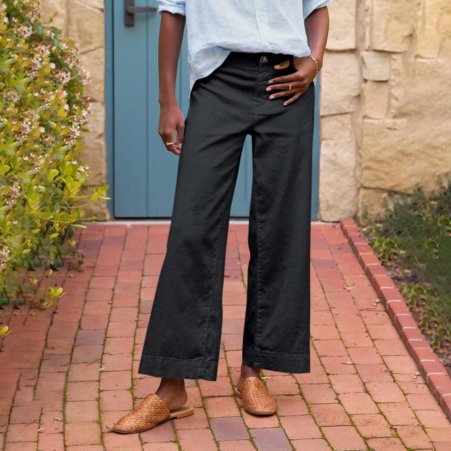 GOFULY Linen Pants for Women Casual Wide Straight Leg High Rise Casual Palazzo Pants 2025 Summer Solid Trousers with Pockets