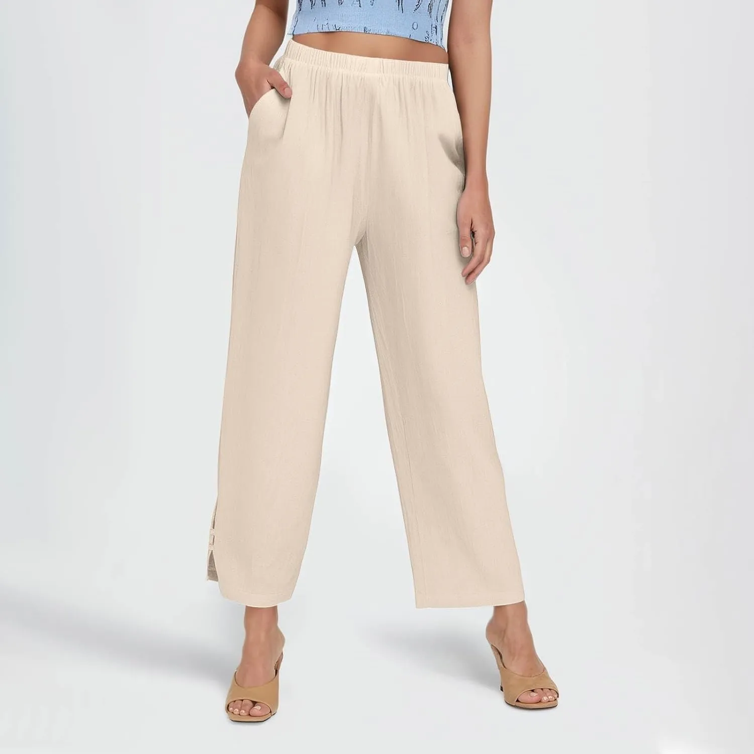 GOFULY Linen Pants for Women Summer 2025 Beach Elastic Waist Pants Wide Leg High Waisted with Pockets Loose Fit Solid Outfits