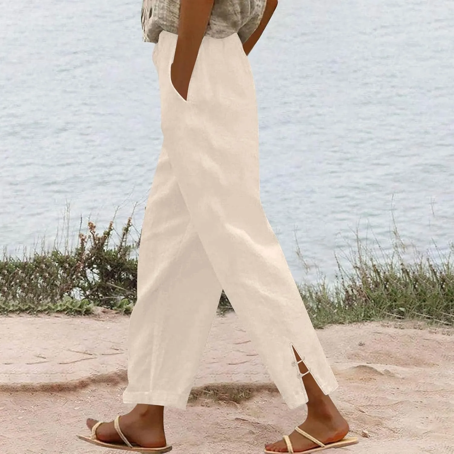 GOFULY Linen Pants for Women Summer 2025 Beach Elastic Waist Pants Wide Leg High Waisted with Pockets Loose Fit Solid Outfits