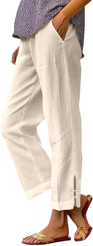 GOFULY Linen Pants for Women Summer 2025 Beach Elastic Waist Pants Wide Leg High Waisted with Pockets Loose Fit Solid Outfits