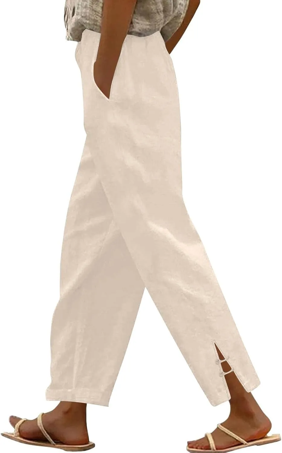 GOFULY Linen Pants for Women Summer 2025 Beach Elastic Waist Pants Wide Leg High Waisted with Pockets Loose Fit Solid Outfits