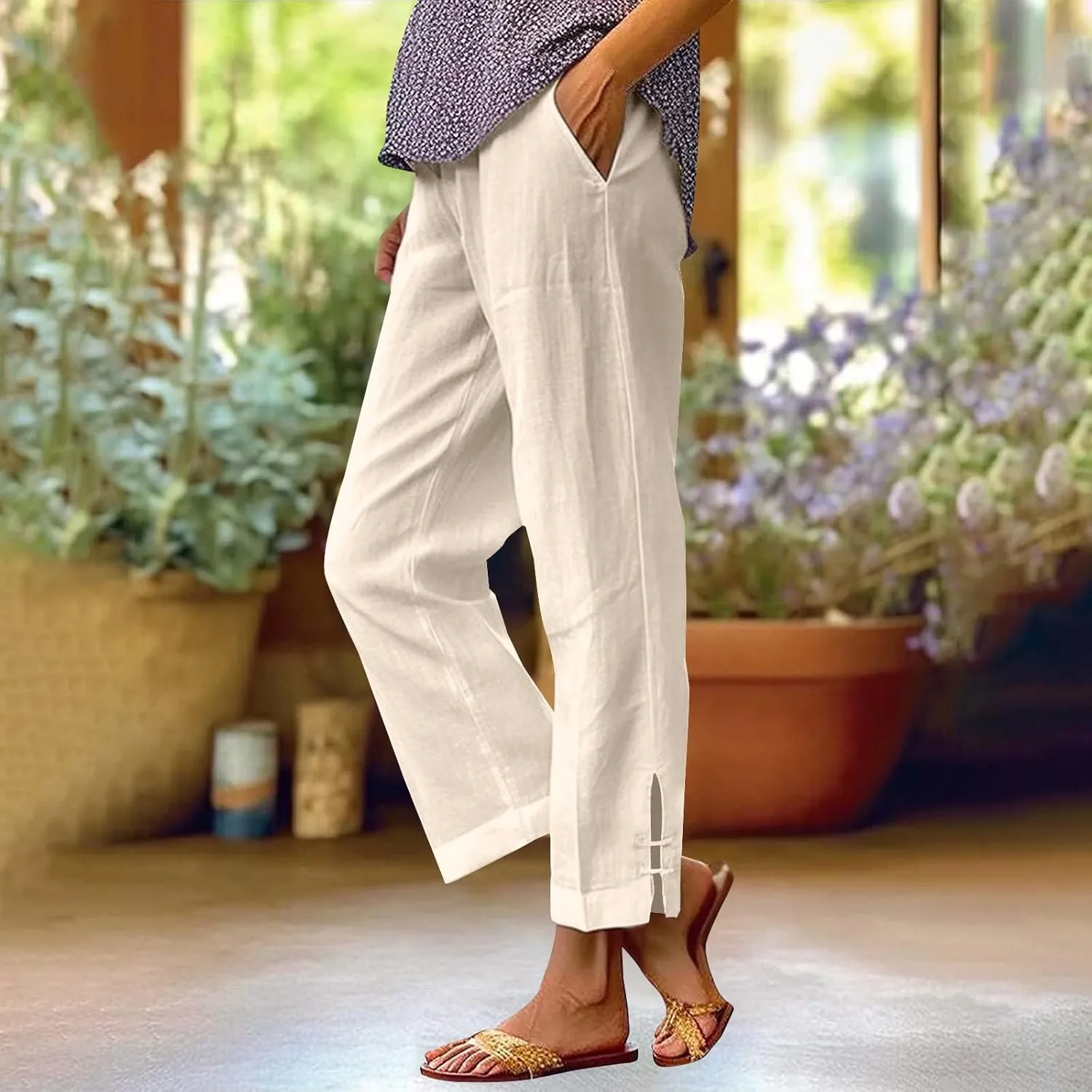 GOFULY Linen Pants for Women Summer 2025 Beach Elastic Waist Pants Wide Leg High Waisted with Pockets Loose Fit Solid Outfits