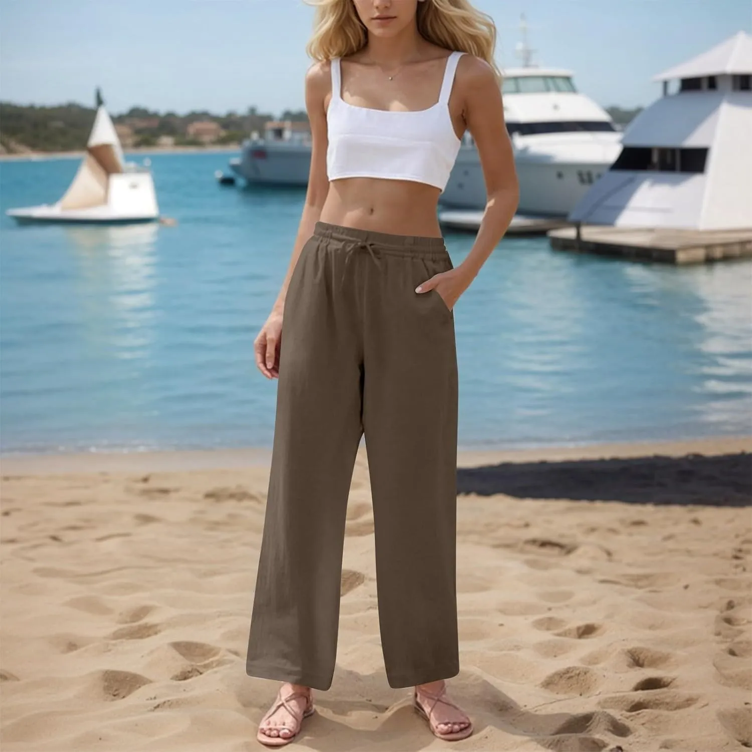 GOFULY Linen Pants Women Wide Leg Trendy High Waisted Pants Casual Drawstring Elastic Waist Baggy Solid Outfits with Pockets