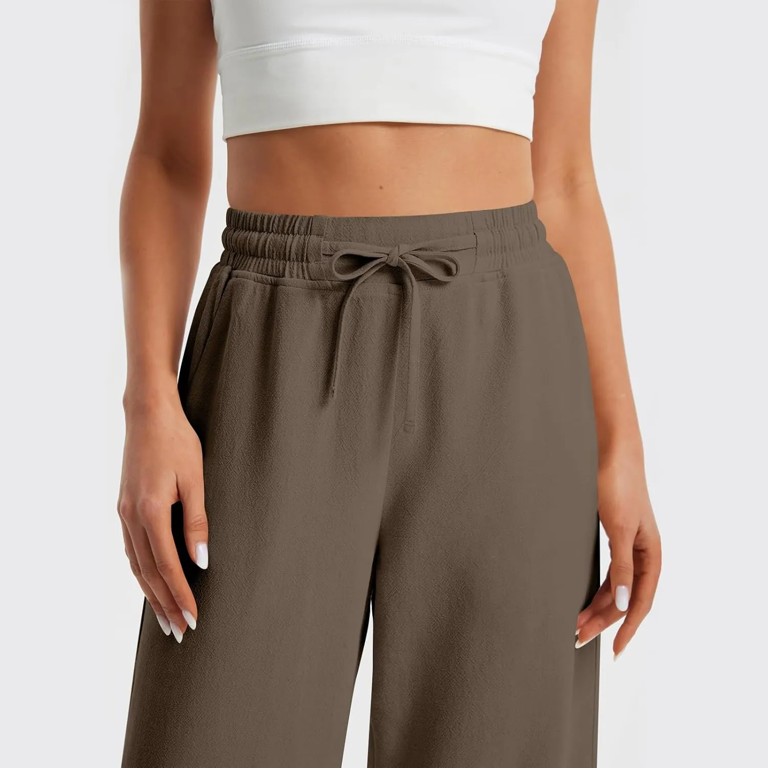GOFULY Linen Pants Women Wide Leg Trendy High Waisted Pants Casual Drawstring Elastic Waist Baggy Solid Outfits with Pockets
