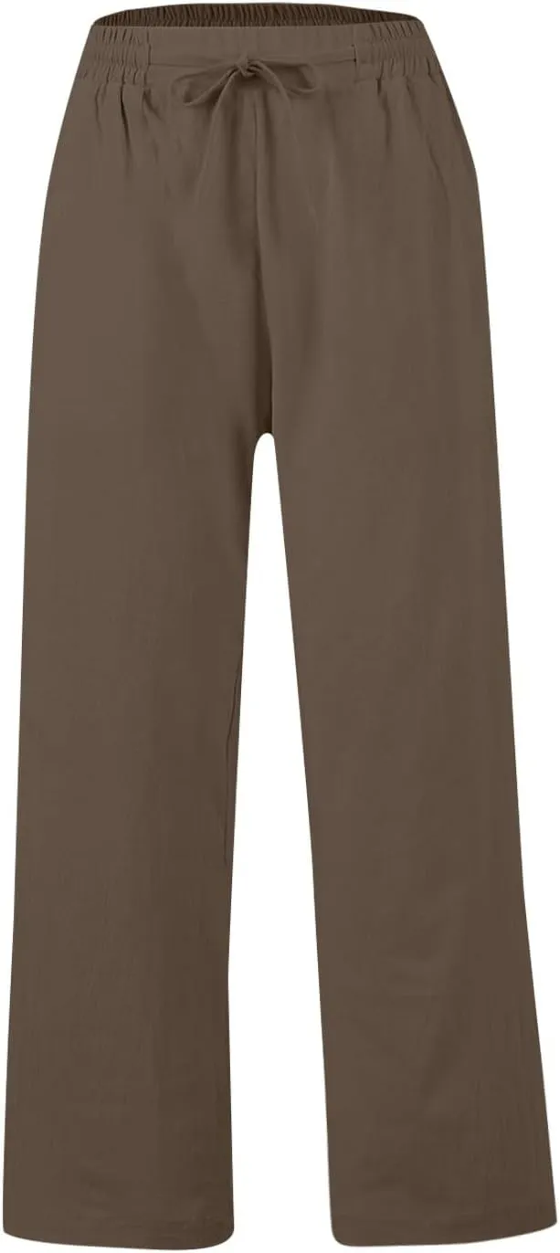 GOFULY Linen Pants Women Wide Leg Trendy High Waisted Pants Casual Drawstring Elastic Waist Baggy Solid Outfits with Pockets
