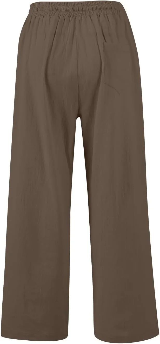 GOFULY Linen Pants Women Wide Leg Trendy High Waisted Pants Casual Drawstring Elastic Waist Baggy Solid Outfits with Pockets