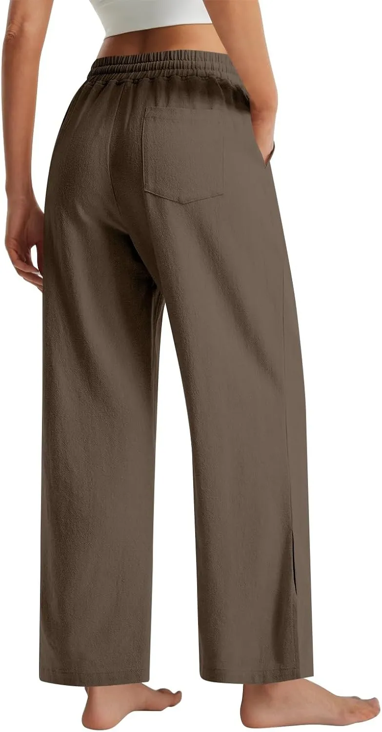 GOFULY Linen Pants Women Wide Leg Trendy High Waisted Pants Casual Drawstring Elastic Waist Baggy Solid Outfits with Pockets