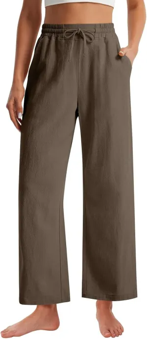 GOFULY Linen Pants Women Wide Leg Trendy High Waisted Pants Casual Drawstring Elastic Waist Baggy Solid Outfits with Pockets