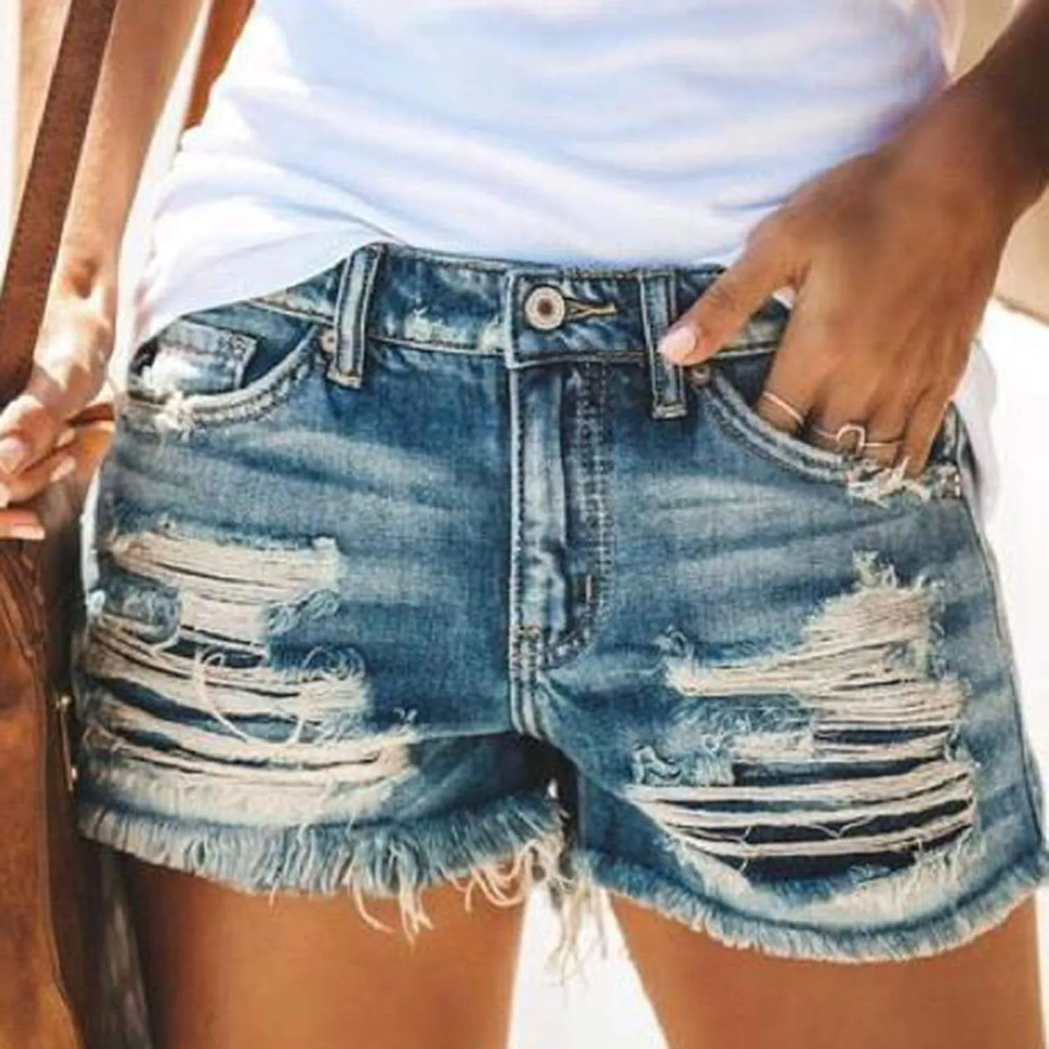 GOKKILRW Womens High Waisted Denim Shorts Casual Ripped Mid Rise Summer Hot Short Jeans Fray Distressed Stretchy Jean Shorts