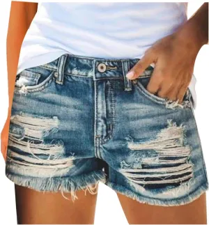 GOKKILRW Womens High Waisted Denim Shorts Casual Ripped Mid Rise Summer Hot Short Jeans Fray Distressed Stretchy Jean Shorts