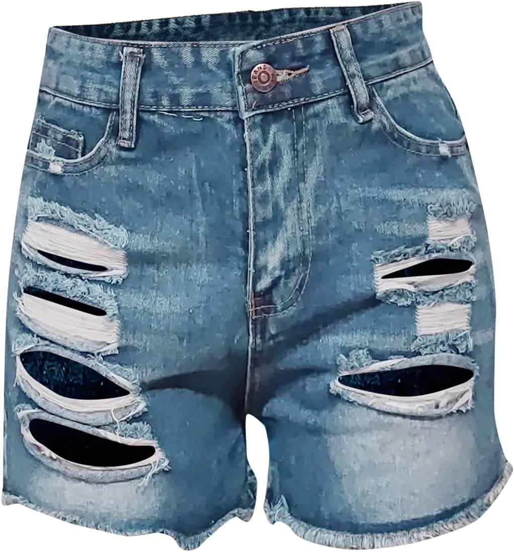 GOKKILRW Womens High Waisted Denim Shorts Casual Ripped Mid Rise Summer Hot Short Jeans Fray Distressed Stretchy Jean Shorts