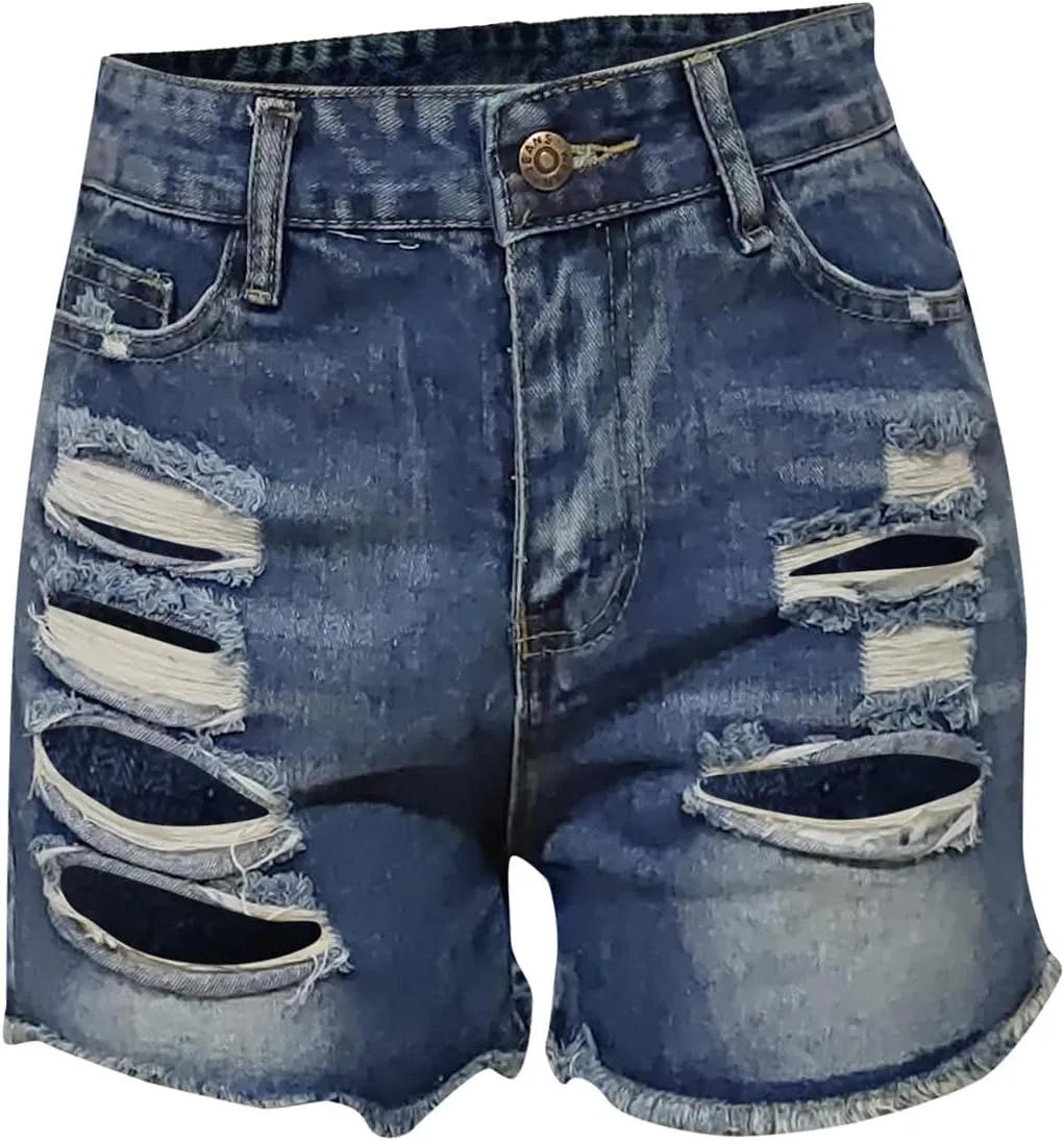 GOKKILRW Womens High Waisted Denim Shorts Casual Ripped Mid Rise Summer Hot Short Jeans Fray Distressed Stretchy Jean Shorts