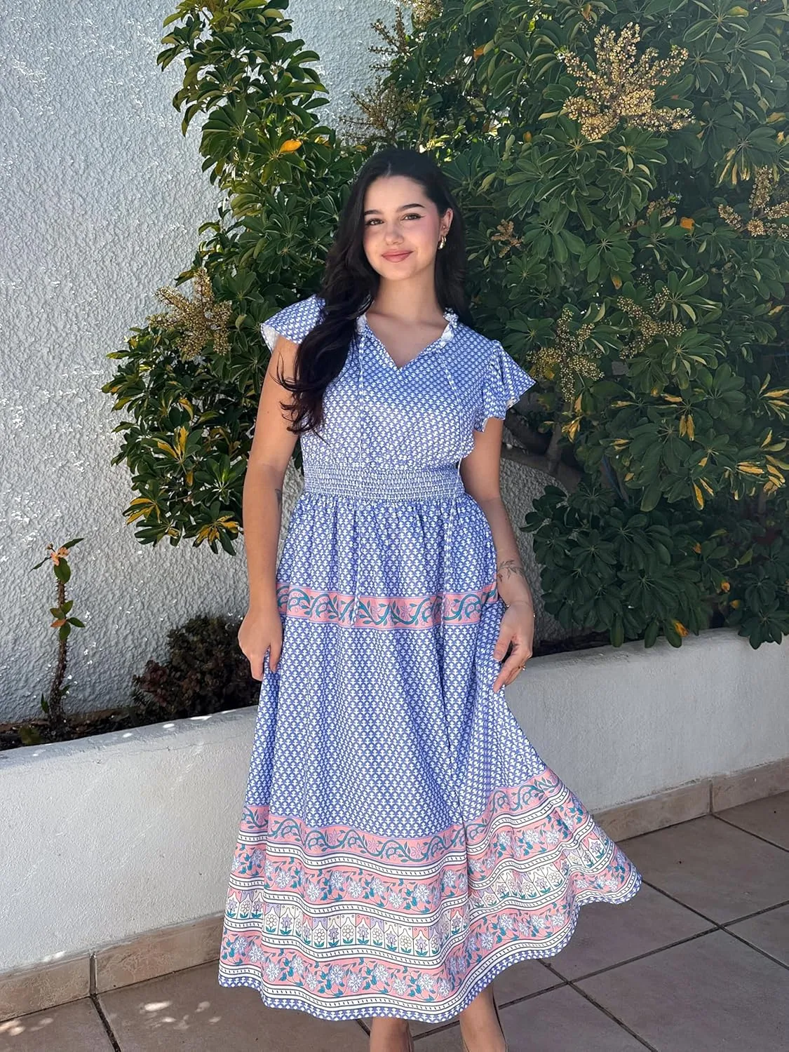 GRACE KARIN Women's Floral Boho Dress Hawaiian Dresse Short Sleeve V Neck Summer Beach Wedding Guest Swing Maxi Sundress