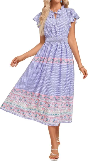 GRACE KARIN Women's Floral Boho Dress Hawaiian Dresse Short Sleeve V Neck Summer Beach Wedding Guest Swing Maxi Sundress