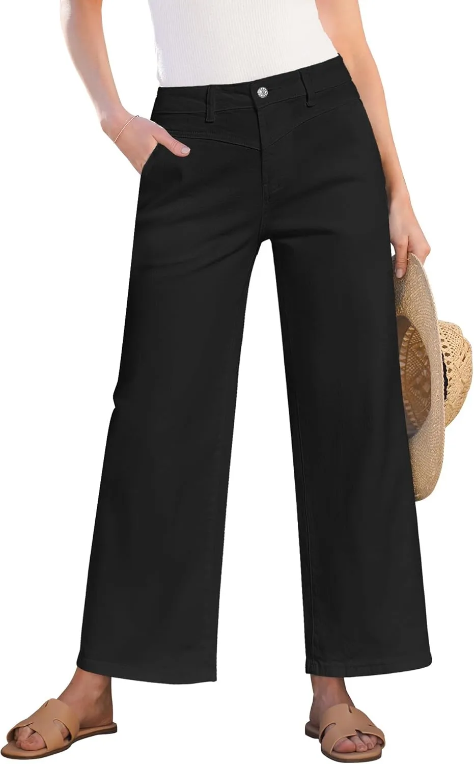 GRAPENT Wide Leg Jeans for Women Trendy Cropped High Waisted Front Yoke Casual Stretchy Denim Trousers Ankle Pants Jeans