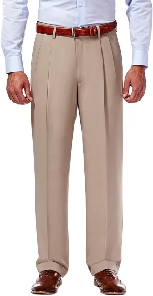 Haggar Mens Hidden Expandable Waistband Classic Fit Pleated Front Gabardine Dress Pant
